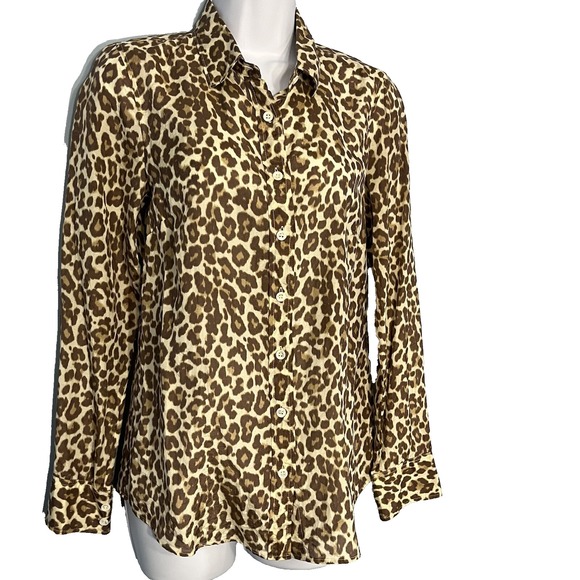 J Crew Silk Blnd Leopard Perfect Button Top Women 4 Lightweight Old Money Career - Picture 2 of 12